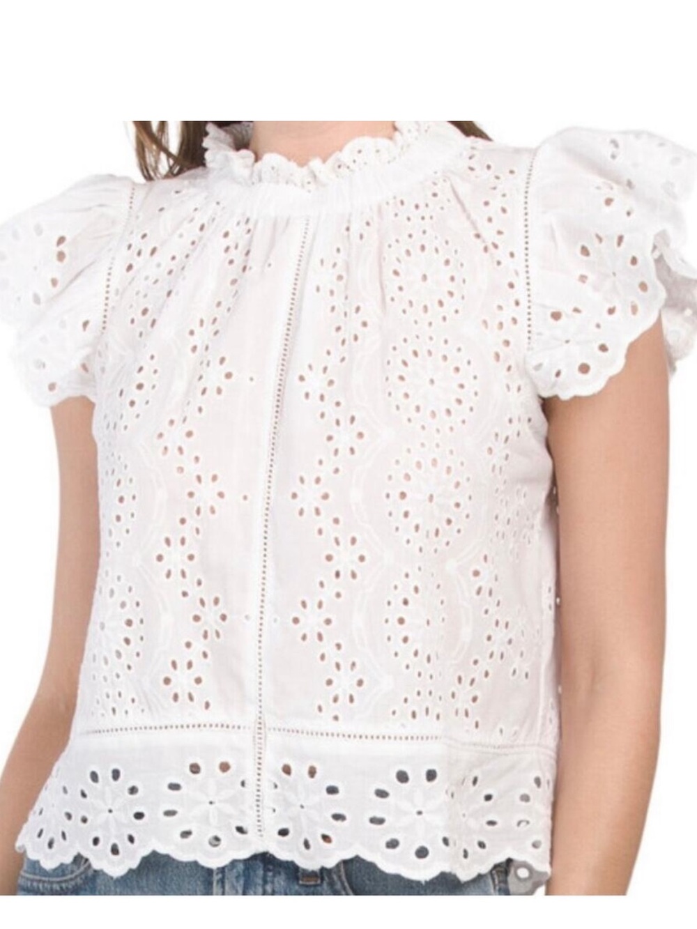 JENNIFER & GRACE blue eyelet FLUTTER SLEEVE embroidered top SIZE XL - Picture 4 of 4